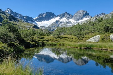 Stunning Mountain Landscape with Clear Reflections in Calm Water Under Bright Blue Sky