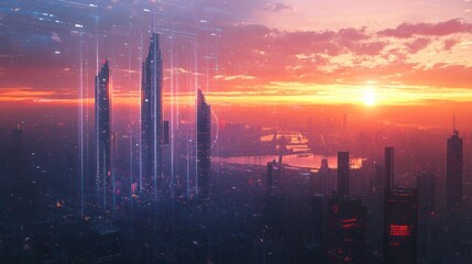 Fototapeta premium Futuristic city skyline at sunset with digital data streams.