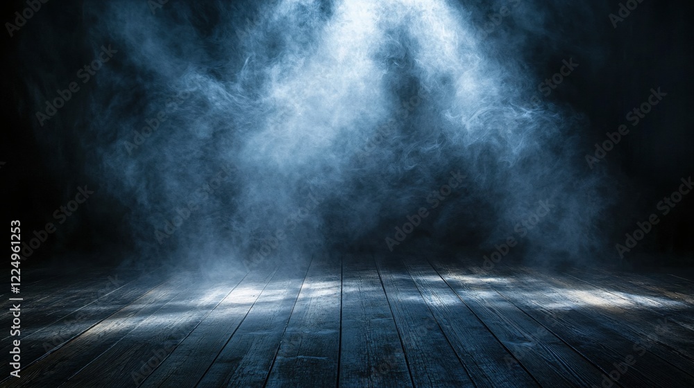 Poster dark wooden floor with smoke illuminated by a single light source creating a dramatic scene