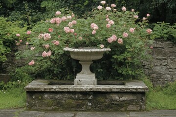 Elegant Stone Fountain Surrounded by Blooming Pink Roses in a Lush Outdoor Garden Setting