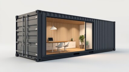Fototapeta premium A modern shipping container transformed into a stylish office space, featuring a minimalist design with natural light and contemporary furnishings.
