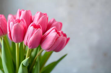 Obraz premium Beautiful bouquet of tulip flowers on light background, close up. Greeting for International Women's Day on March 8th. Selective focus, blurred background.