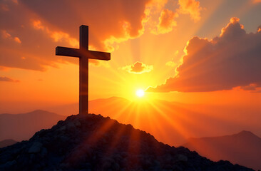Religious cross illuminated illustration with golden glitter and side and natural landscape background. Blurred background, selective focus.