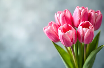 Fototapeta premium Beautiful bouquet of tulip flowers on light background, close up. Greeting for International Women's Day on March 8th. Selective focus, blurred background.