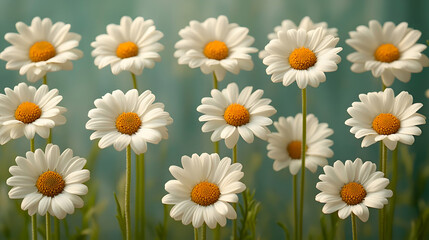 Fototapeta premium White Daisies with Yellow Centers Against a Soft Green Background