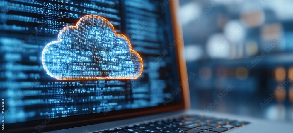 Poster cloud computing technology concept with a glowing cloud icon on a laptop screen, showcasing digital 