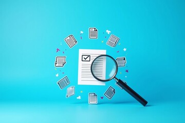 Document Review and Quality Control Process. Policy documentation and compliance concept. Digital icons checklist verification, approval, certifications, and financial detail. policy management