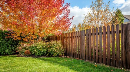 In the backyard of a cozy suburban home, a garden with vibrant autumn trees in orange, yellow, and red hues overlooks a lush green lawn and wooden fence