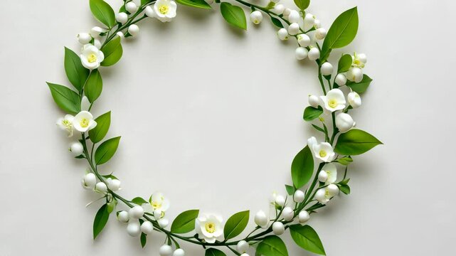 White background with a green leafy wreath. lily of the valley