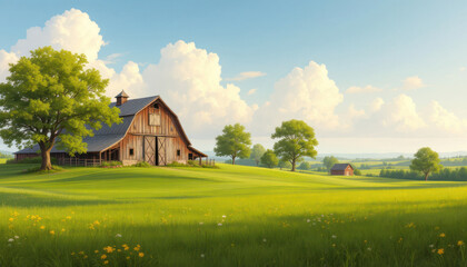 Tranquil Barn in a Verdant Meadow Under a Summer Sky