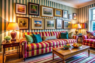 Stylish Living Room: Striped Sofa, Art Gallery Wall, Modern Decor - Stock Photo
