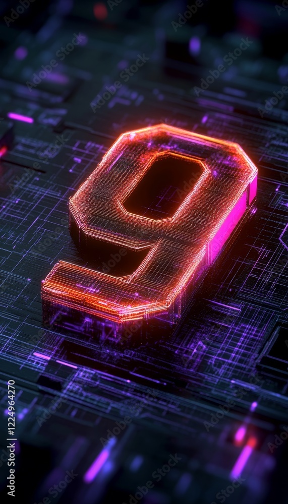 Poster glowing digital 3d number 9 in futuristic style on abstract background with neon lights