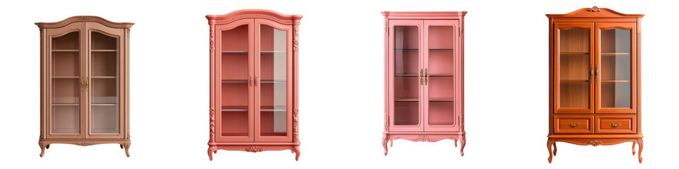 Obraz premium Beautifully crafted ornate wooden cabinetry shelves and armoires displaying an elegant collection of vintage furniture in a traditional style home interior