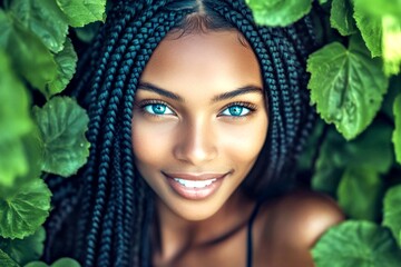 Attractive smiling black girl - for ads, lane poster and digital marketing use. Long coiffure - braids hair. Commercial ad campaign graphic layout art. Chic long hair beauty. Commercial shoot.