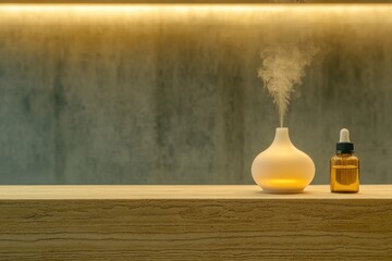 Aromatherapy Diffuser with Essential Oil Bottle on Wooden Table in Relaxing Modern Interior