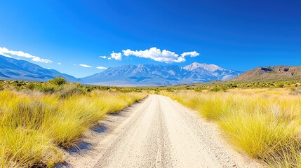 Desert road leading to majestic mountains under a clear blue sky; travel and adventure imagery