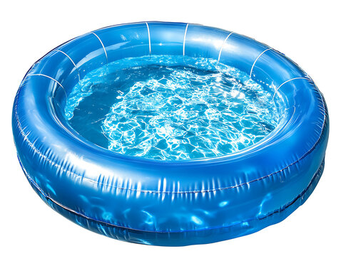 Outdoor blue inflatable pool with clean water on a plain white surface and background