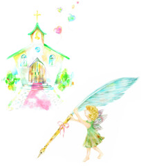 羽根ペンを持つ妖精　教会　水彩画