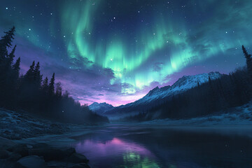Northern Lights in the middle of the winter forest