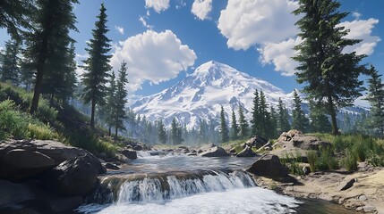 Fototapeta premium Beautiful Mountain and Stream Captured in Stunning Realistic Detail