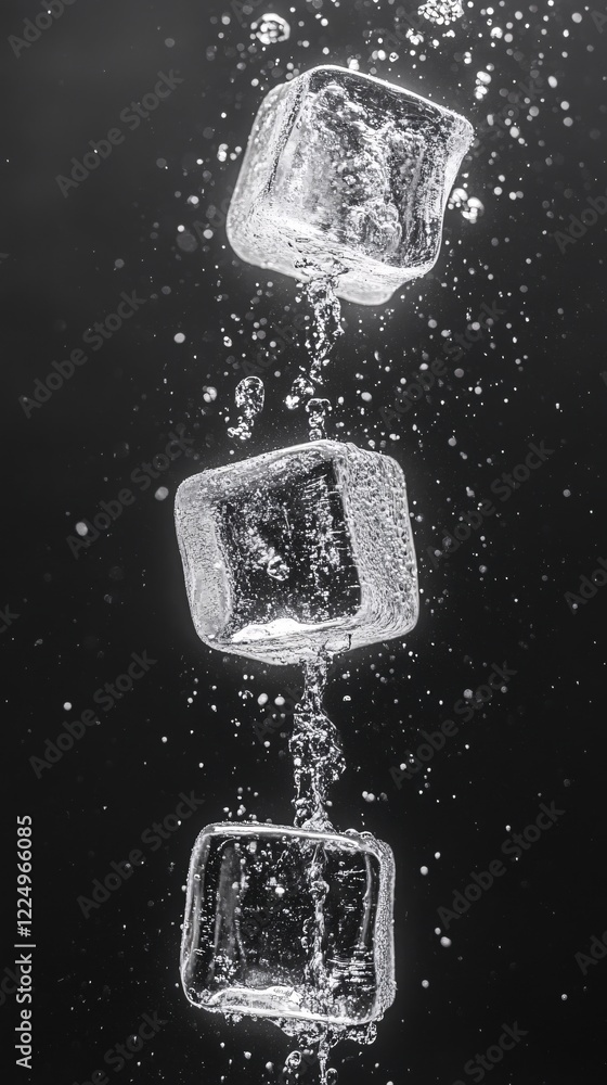 Poster three ice cubes falling in sequence with water drops on a dark background in monochrome