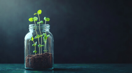 Seedlings sprout in glass jar filled with soil, symbolizing growth