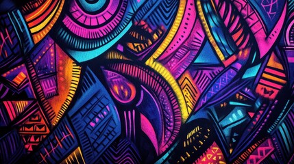 Vibrant tribal mural featuring bold patterns and colors, showcasing a unique blend of graffiti art and geometric shapes in a captivating composition