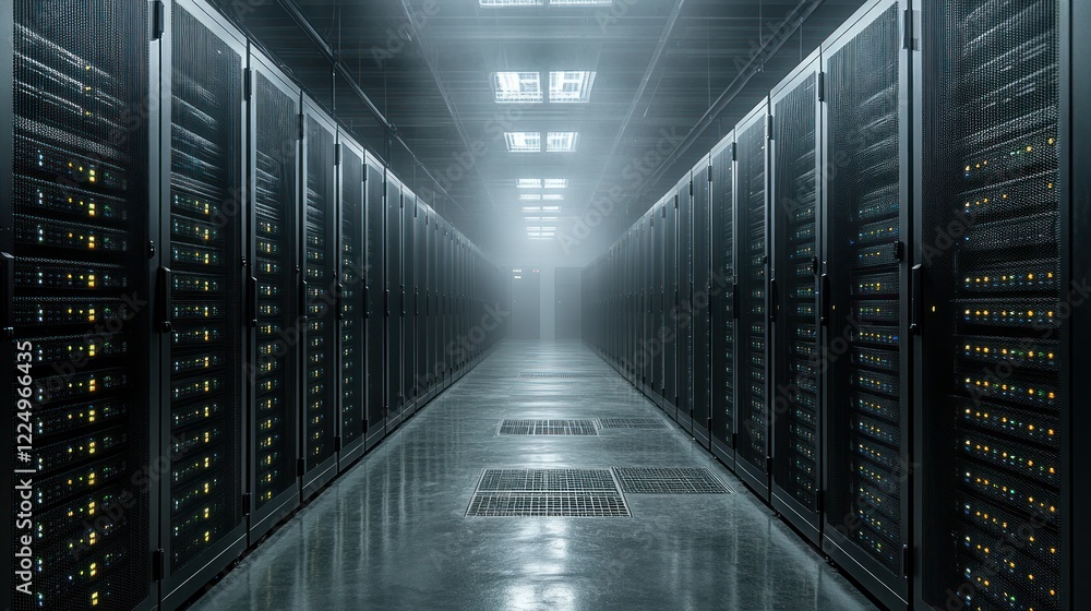 Poster inside a modern data center: rows of servers and technology