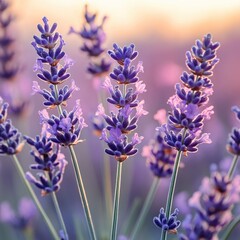 Fototapeta premium Lavender blossoms in soft light of dawn with delicate purple petals and green stems