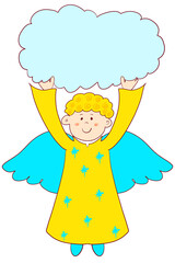 Cute Angel in a yellow dress with Christmas stars holding a cloud