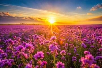 Fototapeta premium Sunlit Purple Flower Field Landscape - Vibrant Spring Meadow