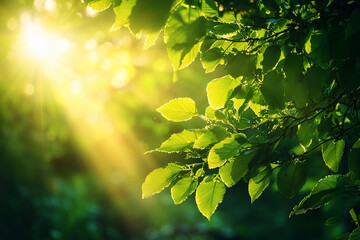 Obraz premium Sunlight filtering through vibrant green leaves in a serene forest, creating a peaceful atmosphere