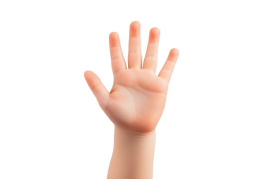 Toddler hand waving hello isolated on transparent white background