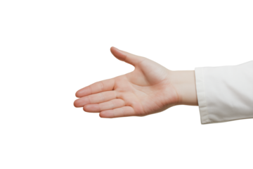 Hand of doctor or chef reaching handshake isolated on transparent white background