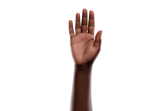 African American hand waving hello isolated on transparent white background