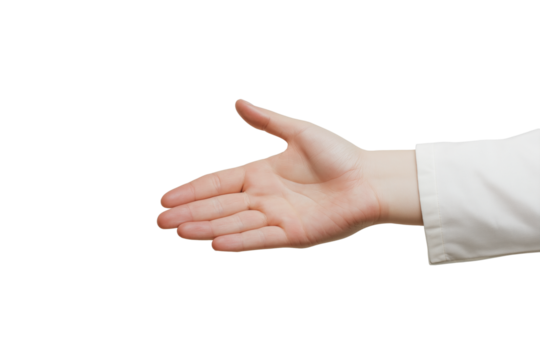 Hand of doctor or chef reaching handshake isolated on transparent white background