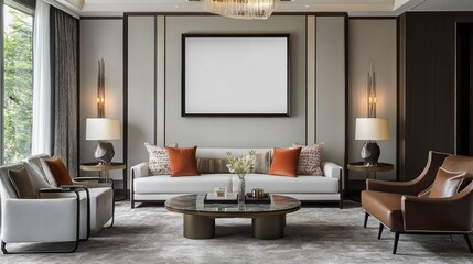 Contemporary living room with a blank picture frame and stylish furniture for a modern lifestyle