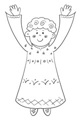 boy in national dress, rejoices, raising his hands, coloring
