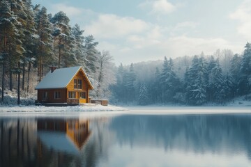 Fototapeta premium Winter Cabin Lakeside Serenity Snow Covered Log Home Reflection