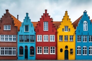 Fototapeta premium Colorful Historic Houses Vibrant Facades Dutch Architecture Row of Homes Old Town Charm Europe