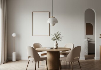 Fototapeta premium Minimalist dining room, round wooden table, beige upholstered chairs, large empty frame on wall, neutral color palette, contemporary interior design, soft natural