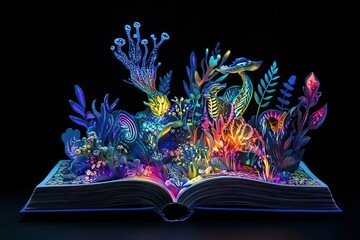 Enchanting illuminated flowers and butterflies emerge from an open book.