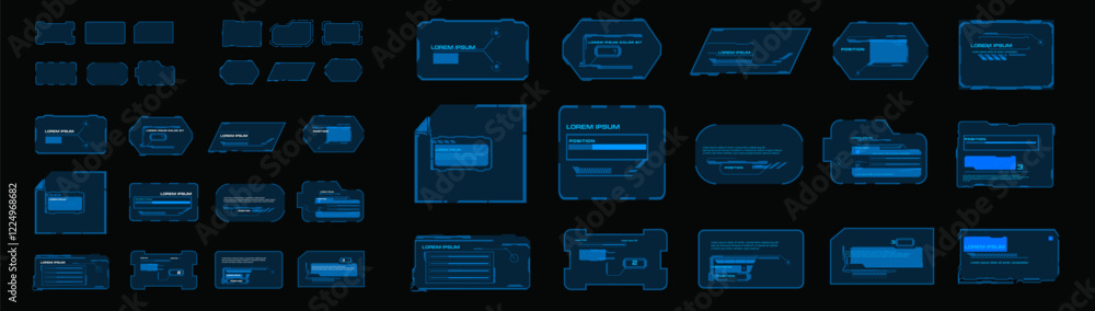 Poster vector frame set blue neon frames and holographic panels for personal hud graphical interface. colle