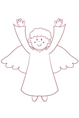 cute rejoicing angel, coloring book, brown outline on a white background