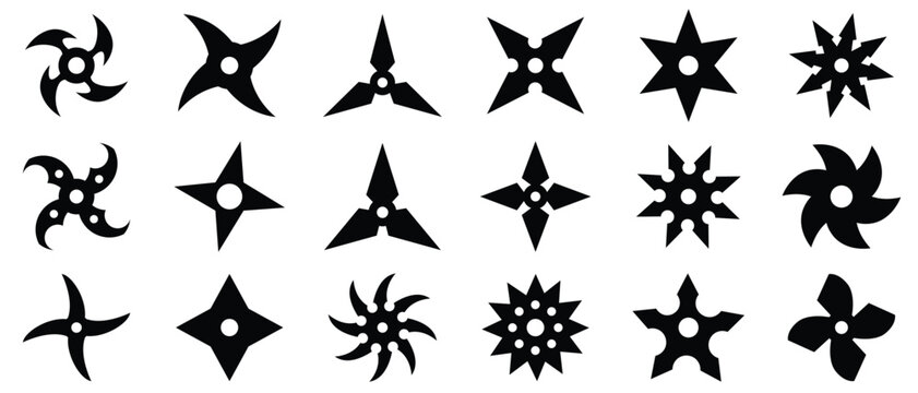 Set of ninja shuriken stars icons, Ninja Throwing Star Silhouettes. set of ninja weapon .Black vector silhouettes isolated on white background