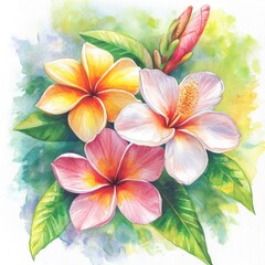 Fototapeta premium Tropical flowers bouquet, watercolor painting, vibrant colors, green background, greeting card design