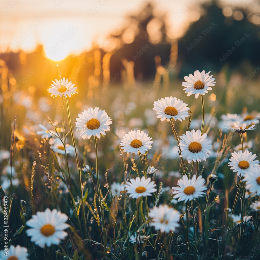 Poster golden hour light over daisy field with sun setting in background creating a warm glow