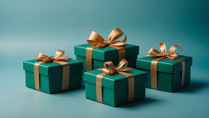 Obraz premium green gift boxes on blue copyspace background