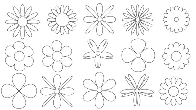 line Set of abstract flowers in brutalist style. Modern vector illustration on white background. Geometric flower set. Abstract minimal daisy elements. Brutalist design. Vector illustration, coloring 