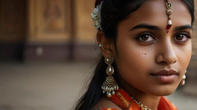 Beautiful Princess Woman Portrait, Close Up Amazing Woman Character Portrait in Ethnic Traditional Clothing. Eye Gaze Female Person Glamour Luxury Face. 